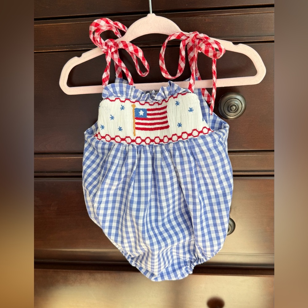 Southern Sunshine Blue and Red Gingham Baby Romper